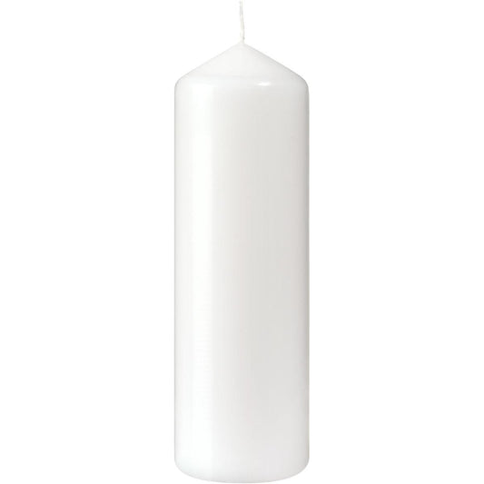 Eine weiße Stumpenkerze (220 x 70 mm, ca. 90h Brenndauer) der Duni GmbH mit spitzer Spitze und unbeleuchtetem Docht steht aufrecht vor weißem Hintergrund - ideal für alle, die lang anhaltendes Kerzenlicht suchen.
