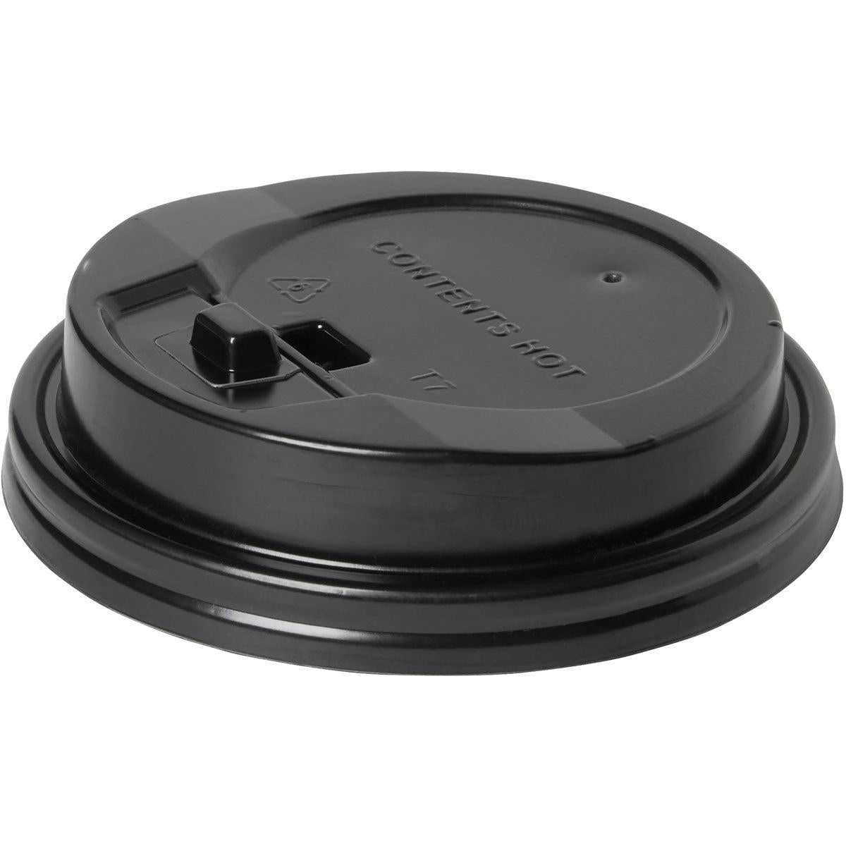 A black lid for 181836 Black PS from Duni GmbH (pack of 40 pieces) with raised spout, warning "CONTENT HOT" and vent hole is depicted on a white background - ideal as a catering container lid.
