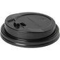 A black lid for 181836 Black PS from Duni GmbH (pack of 40 pieces) with raised spout, warning "CONTENT HOT" and vent hole is depicted on a white background - ideal as a catering container lid.