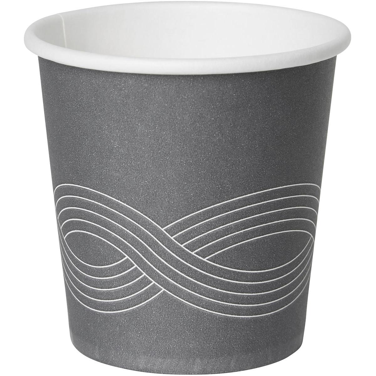 Der Circuit Kaffeebecher Bedruckt PAP/PE der Duni GmbH präsentiert sich im grauen Design mit weißer Innenseite und einem Unendlichkeitssymbol. Damit eignet sich dieser stilvolle Pappbecher ideal zum Servieren von Kaffee auf jeder Veranstaltung.
