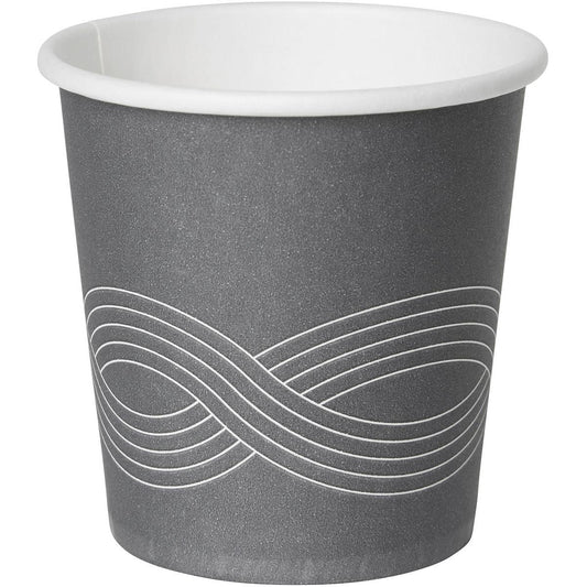 Der Circuit Kaffeebecher Bedruckt PAP/PE der Duni GmbH präsentiert sich im grauen Design mit weißer Innenseite und einem Unendlichkeitssymbol. Damit eignet sich dieser stilvolle Pappbecher ideal zum Servieren von Kaffee auf jeder Veranstaltung.