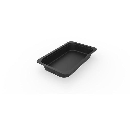 Eine schwarze 1/4 GN Menüschale 1 der Duni GmbH (Schwarz PP, 265x162x40 mm) mit erhabenen Rändern ist leer auf weißem Hintergrund abgebildet, von oben gesehen - ideal für den Einsatz in der Gastronomie. Packung: 225 Stück.