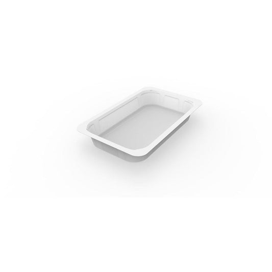 Die Duni GmbH 1/4 GN Menüschalen 1 Weiß PP/MIN 265x162x40 (Packung 225 Stück) ist eine rechteckige, flache weiße Schale mit abgerundeten Ecken, perfekt für die Gastronomie, abgebildet auf einem schlichten weißen Hintergrund.