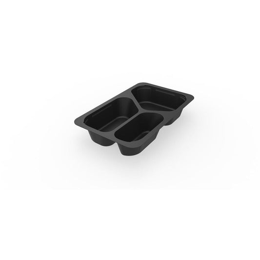 Die Duni GmbH 1/4 GN Menüschalen 3 Schwarz PP/MIN 265x162x45, eine schwarze Kunststoff-Doppelkammerschale mit abgerundeten Kanten und einer leichten Oberlippe, ist leer auf weißem Hintergrund abgebildet. Die Packung enthält 225 Stück.