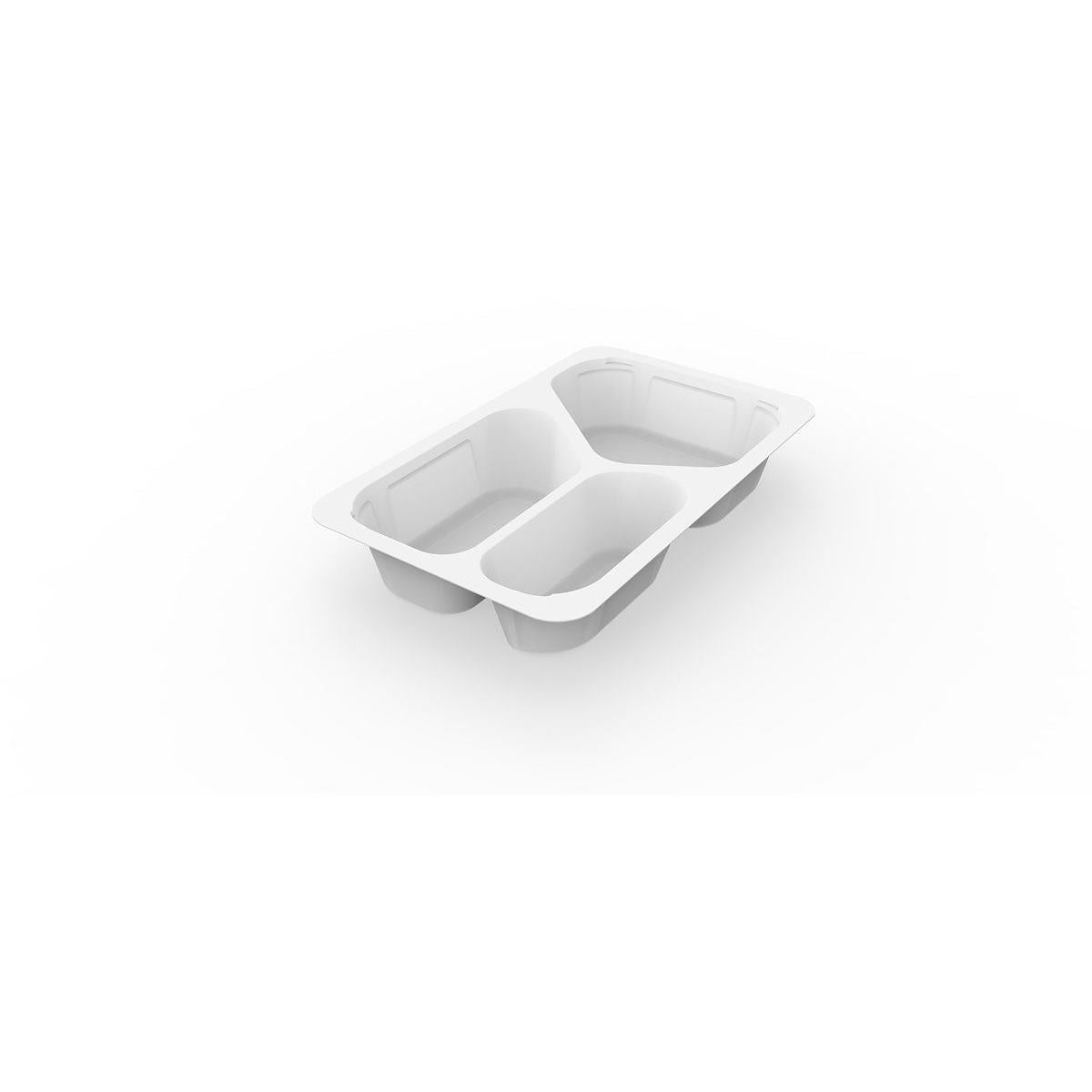 Ein weißer 1/4 GN Menüschalen 3 von Duni GmbH (PP/MIN, 265x162x45 mm) mit abgerundeten Ecken und erhabenen Kanten ist auf weißem Hintergrund abgebildet, ideal als Gastronomie Verpackung für den praktischen Mahlzeitenservice. Die Packung enthält 225 Stück.