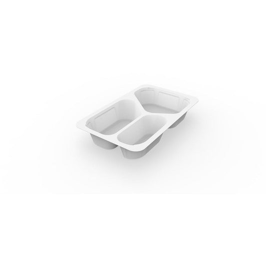 Ein weißer 1/4 GN Menüschalen 3 von Duni GmbH (PP/MIN, 265x162x45 mm) mit abgerundeten Ecken und erhabenen Kanten ist auf weißem Hintergrund abgebildet, ideal als Gastronomie Verpackung für den praktischen Mahlzeitenservice. Die Packung enthält 225 Stück.
