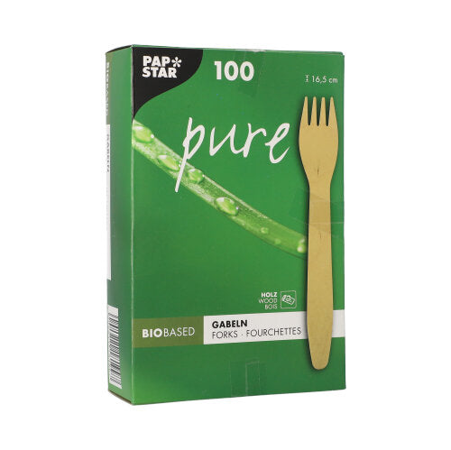 Die PAPSTAR Holzgabeln „pure“ 16,5 cm Faltschachtel (100 Stück) der PAPSTAR GmbH wird in einer grünen Box mit Holzgabelbild, Pflanzenstiel und Wassertropfen geliefert. Die Gabeln sind umweltfreundlich und kompostierbar.