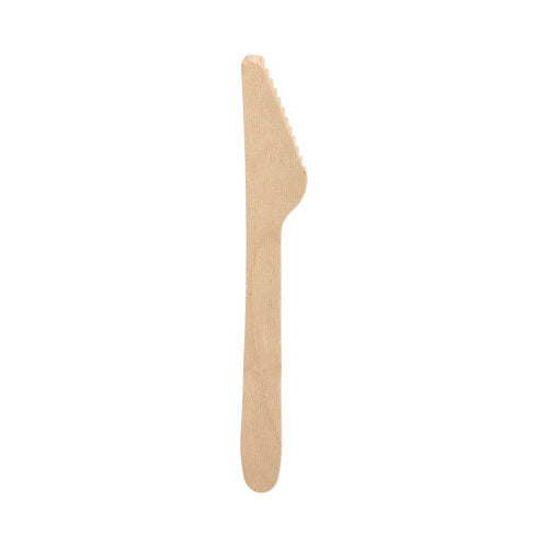 Ein einzelnes PAPSTAR „pure“ Messer Holz 16,5 cm der PAPSTAR GmbH mit flachem Griff und Wellenschliff, hergestellt aus umweltfreundlichem Birkenholz, ist auf schlichtem weißem Hintergrund abgebildet.