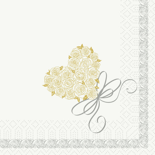 Ein herzförmiger Strauß aus goldenen Rosen mit einem silbernen Band auf weißem Hintergrund, umrandet von grauer Spitze, ist ideal für Duni GmbH Zelltuchservietten 33 x 33 cm 3-lagig 1/4 Falz Heart (Packung mit 50 Stück).