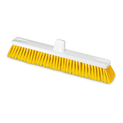 The Nölle Profi Brush HACCP large area broom from Nölle Profi Brush Bürsten- & Pinseltechnik e.K. is made of white plastic and bright yellow soft bristles (0.25 mm), with a central hole for handle attachment, shown on a plain white background.