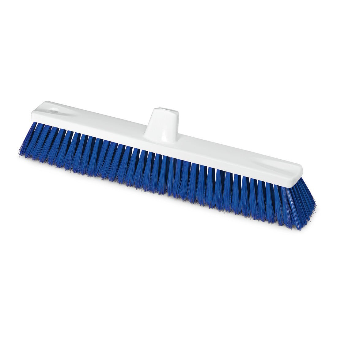 The Nölle Profi Brush HACCP large-area broom with 0.50 mm hard bristles from Nölle Profi Brush Bürsten- & Pinseltechnik e.K. is kept in white and features a central handle attachment and two rectangular slots for hygienic cleaning.