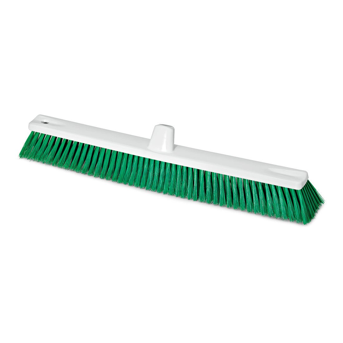 The Nölle Profi Brush HACCP large area broom from Nölle Profi Brush Bürsten- & Pinseltechnik e.K. is characterized by soft bristles (0.25 mm) and a white plastic base with a central handle hole, depicted diagonally on a white background.