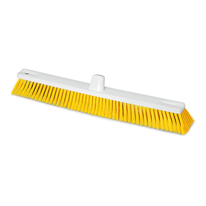 Depicted is a yellow Nölle Profi Brush HACCP large area broom with 0.25 mm soft bristles against a solid background, featuring a central hole for handle attachment. Brand: Nölle Profi Brush Bürsten- & Pinseltechnik e.K.