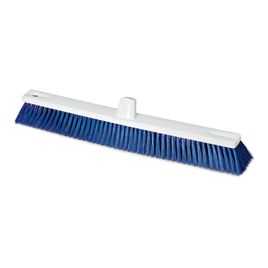 The Nölle Profi Brush HACCP large-area broom with 0.50 mm hard bristles from Nölle Profi Brush Bürsten- & Pinseltechnik e.K. is depicted with blue and black plastic bristles and a central hole, ideal for hygienic cleaning against a white background.