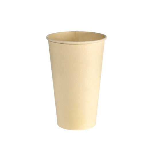Ein bedruckter Kaffeebecher Sweet 470 ml aus Bagasse von Duni GmbH (Packung à 40 Stück) steht aufrecht vor weißem Hintergrund.