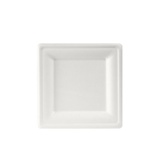 Ein weißer, quadratischer 20x20 cm Bagasse Teller der Duni GmbH (Packung 50 Stück), von oben gesehen mit leicht erhöhtem Rand vor weißem Hintergrund.