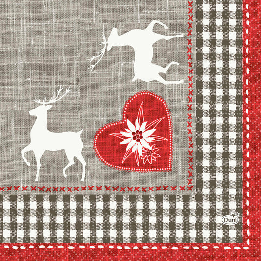 Die grau-roten Duni GmbH Zelltuchservietten (33x33 cm, 3-lagig, Design Alpenglück) zeigen eine weiße Hirschsilhouette, ein rotes Herz mit Blumenmuster und einen schwarz-weiß karierten Rand; 50er-Packung für extra lange Haltbarkeit.