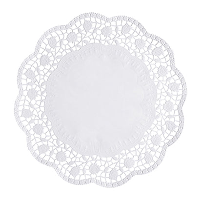 The PAPSTAR 250 round white doilies from PAPSTAR GmbH consist of round white paper doilies with scalloped edges and a lace-like floral pattern – perfect for the stylish presentation of cakes.