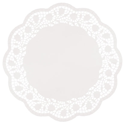 The PAPSTAR 250 round white doilies from PAPSTAR GmbH are round white doilies with a scalloped edge and intricate lace-like pattern, ideal for stylish cake presentations and doilies.