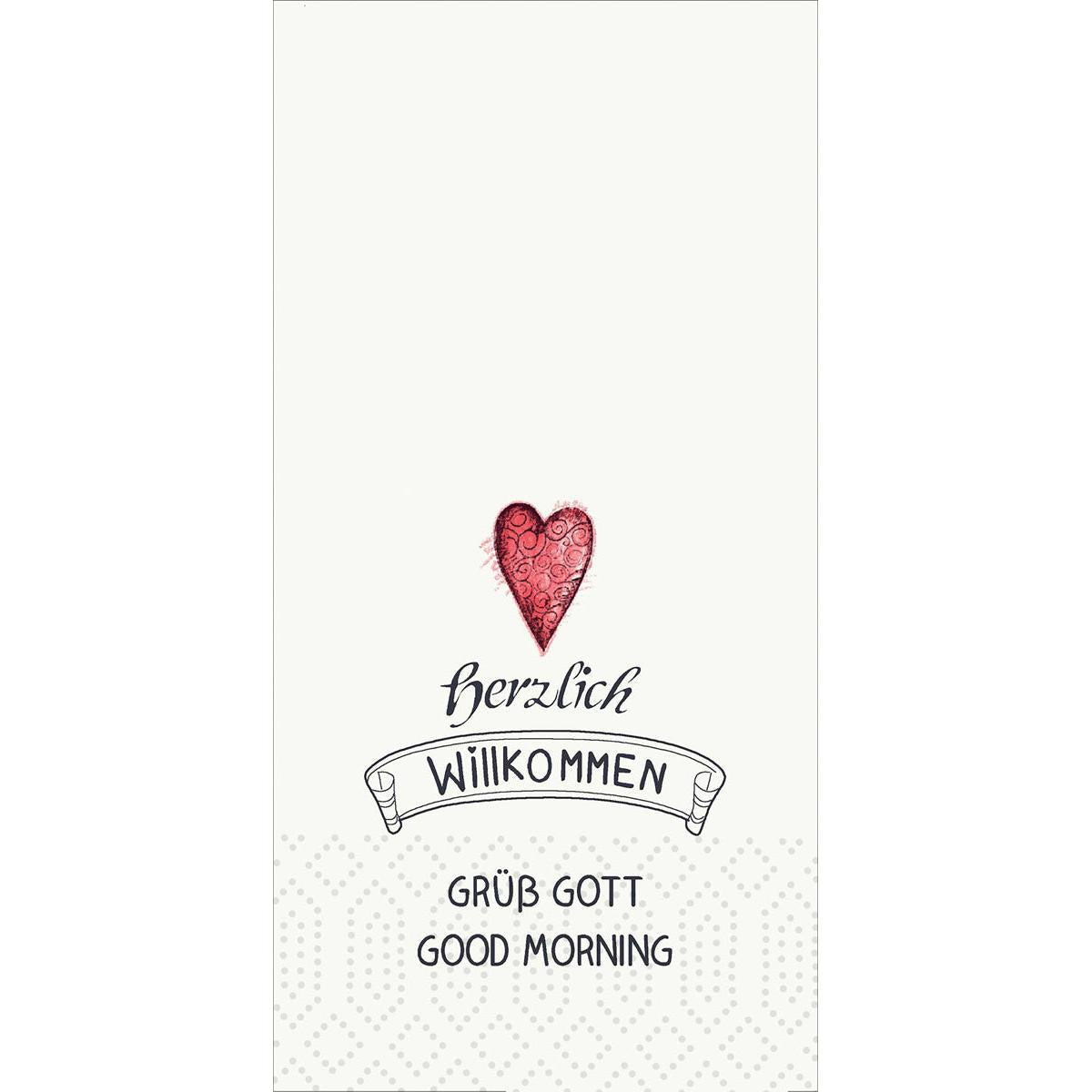 Ein rotes Herz über "Herzlich Willkommen", mit einer Fahne und "GRÜß GOTT" und "GOOD MORNING" darunter, gedruckt auf Duni GmbH Zelltuchservietten 33 x 33 cm 2-lagig (300er Pack), weißer Hintergrund.