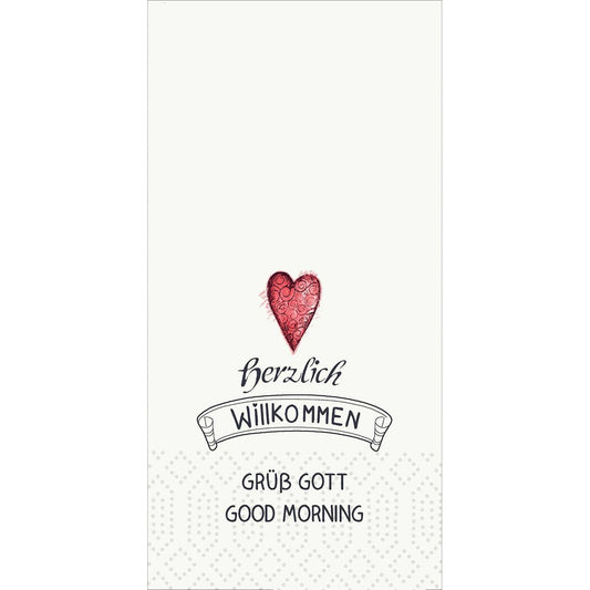 Ein rotes Herz über "Herzlich Willkommen", mit einer Fahne und "GRÜß GOTT" und "GOOD MORNING" darunter, gedruckt auf Duni GmbH Zelltuchservietten 33 x 33 cm 2-lagig (300er Pack), weißer Hintergrund.