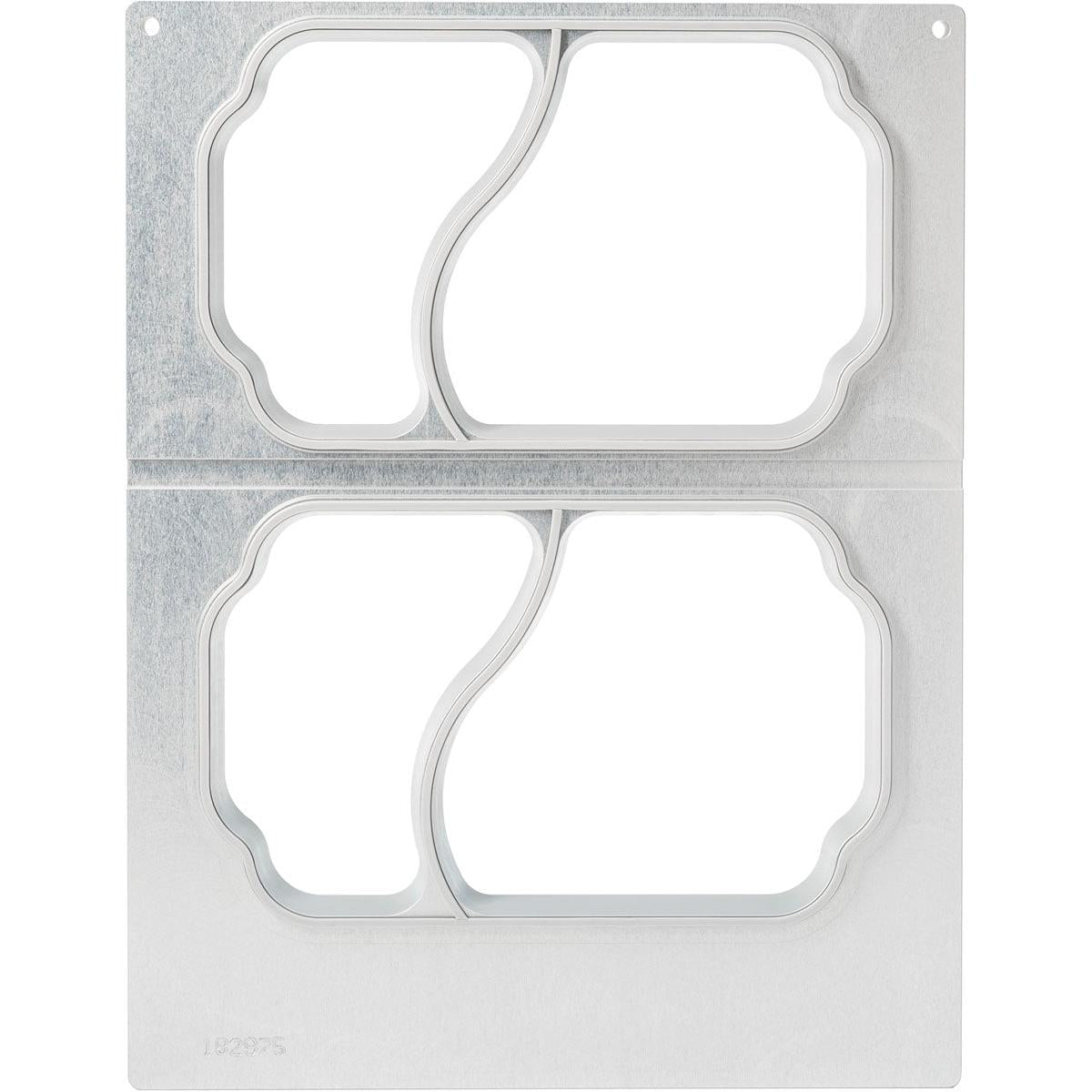 Die Metall-Stanzschablone der Duni GmbH für die Kassette DF15/25 2-Komp. f. PP-Schale Take Away 700/400 ml (2-nutzig) verfügt über zwei rechteckige Rahmen mit geschwungenen Trennstegen und Wellenkanten, ideal für den Verpackungsbedarf in der Gastronomie.