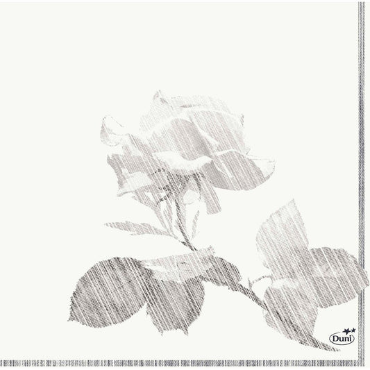 Eine einfache schwarz-weiße Skizze einer grauen Rose mit Blättern, diagonalen Schattierungslinien, dünnem Rand an zwei Kanten und einem kleinen "Duni"-Logo - ideal für Duni GmbH Zelltuchservietten 33 x 33 cm 3lagig 1/4 Falz Grey Rose (50 Servietten).