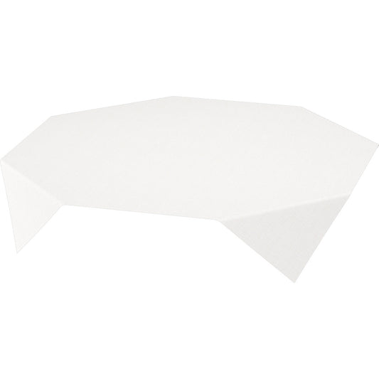 Eine knackige Dunisilk-Mitteldecke 84 x 84 cm Linnea weiß von Duni GmbH wird über einen Tisch drapiert. Ihre scharfen Ecken und sauberen Kanten heben sich von einem schlichten Hintergrund ab. Wird im 20er-Pack geliefert.