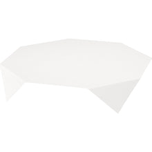 A simple white, rectangular table is draped with a Duni GmbH Dunisilk tablecloth 84x84 cm Linnea white (pack of 100), shown diagonally in front of a white background.