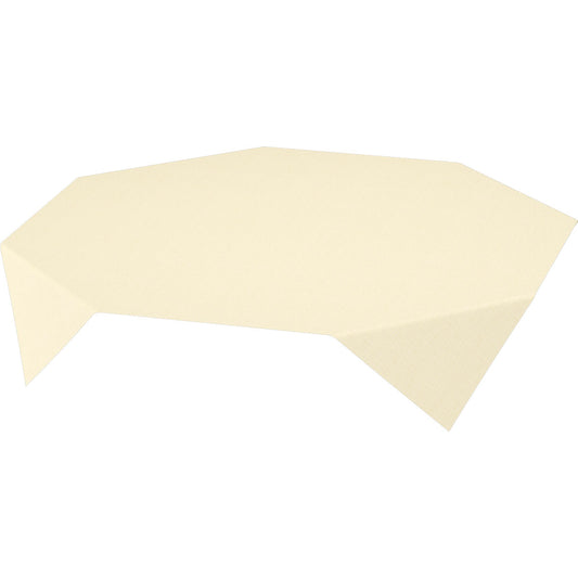 Eine 84 x 84 cm große Dunisilk-Mitteldecke der Duni GmbH in Linnea creme drapiert sich elegant über den Tisch. Mit ihrer achteckigen Form und den spitzen Ecken ist sie perfekt für eine raffinierte Tischdekoration. Packung: 100 Stück.