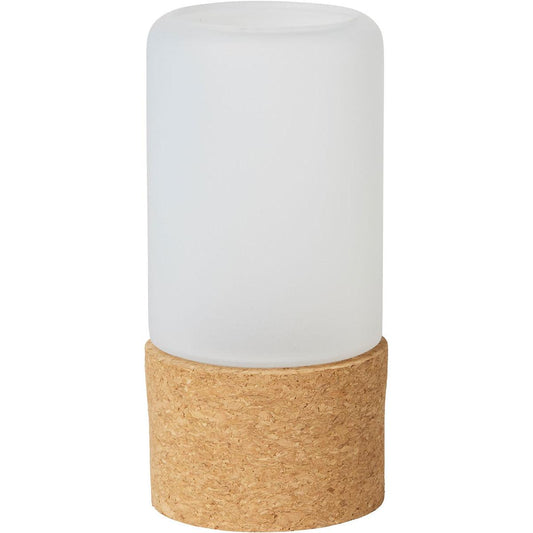 Der Kerzenhalter Hope 140 x 70 mm in braun/weiß von Duni GmbH ist ein zylindrischer Glas-Kerzenhalter mit einer mattierten weißen Oberseite und einem runden Korkfuß, ideal als Lampe oder dekorativer Akzent für moderne Räume.