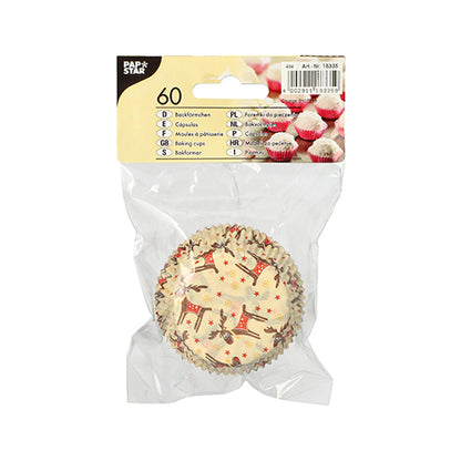 60 pieces PAPSTAR baking cups (Ø 5 cm × 2.5 cm) from PAPSTAR GmbH with red-brown reindeer/star print, ideal for muffins or cupcakes. Packed in a clear bag with yellow label with product details.