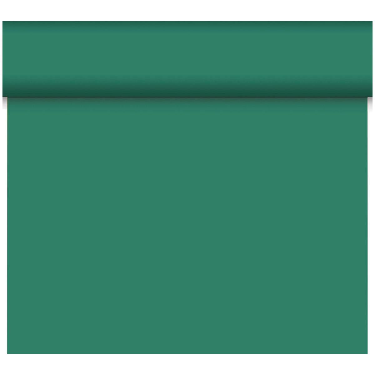 Ein teilweise ausgerollter Dunicel-Tischläufer Tête-à-Tête (24 m x 0,4 m, 20 Abschnitte) der Duni GmbH in unifarbenem Tealgrün erstreckt sich nach unten und eignet sich so perfekt für die Tischdekoration oder als stilvoller Tischläufer.