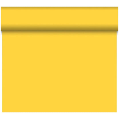 Ein teilweise ausgerollter Dunicel-Tischläufer Tête-à-Tête 24 m x 0,4 m (20 Abschnitte) der Duni GmbH wirft einen weichen Schatten auf seine glatte, gleichmäßig gefärbte Oberfläche - perfekt für eine stilvolle Tischdekoration bei Ihrem nächsten Tête-à-Tête.