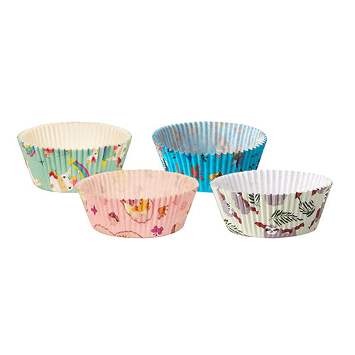 60-piece set PAPSTAR baking cups (Ø 5 cm, H 2.5 cm) from PAPSTAR GmbH in green, pink, blue, and white with colorful animal, rainbow, and plant motifs - ideal for cupcakes or muffins. Pictured on a white background.