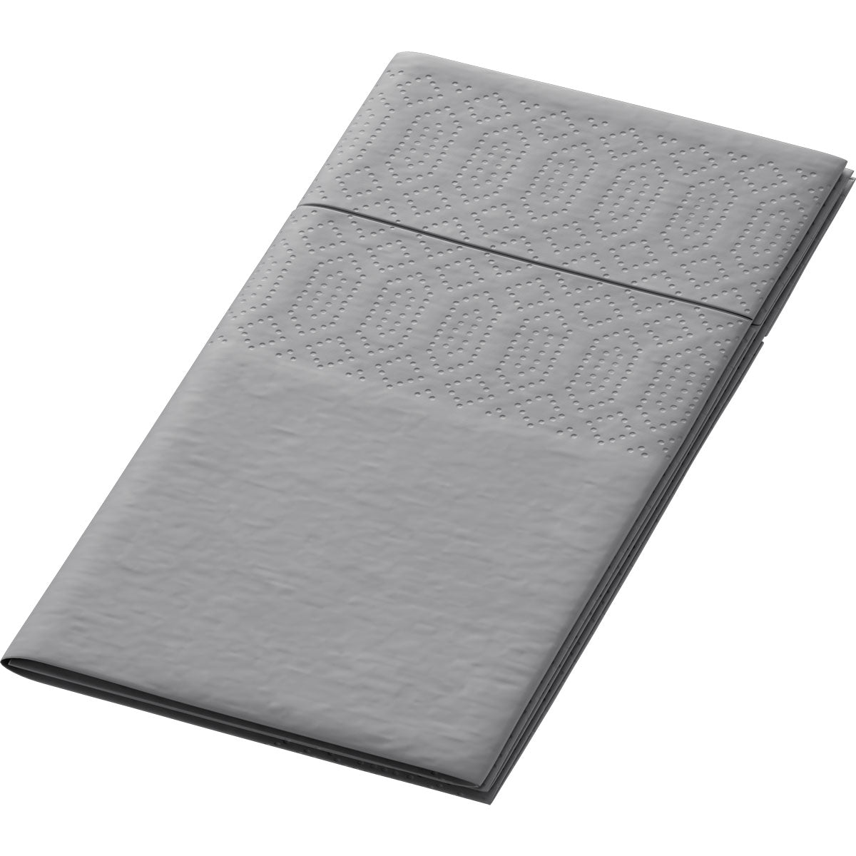 Eine Packung Duni GmbH Zelltuchservietten, 33 x 33 cm, 3-lagig, 1/8 Kopffalz in granitgrau, ist übersichtlich auf weißem Grund angeordnet. Die Einwegservietten sind mit einem dezenten, geprägten, geometrischen Muster versehen. Die Packung enthält 250 Servietten.