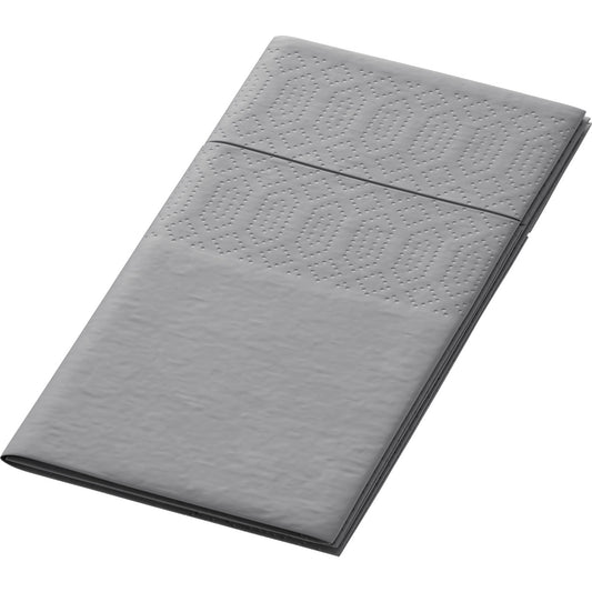 Eine Packung Duni GmbH Zelltuchservietten, 33 x 33 cm, 3-lagig, 1/8 Kopffalz in granitgrau, ist übersichtlich auf weißem Grund angeordnet. Die Einwegservietten sind mit einem dezenten, geprägten, geometrischen Muster versehen. Die Packung enthält 250 Servietten.