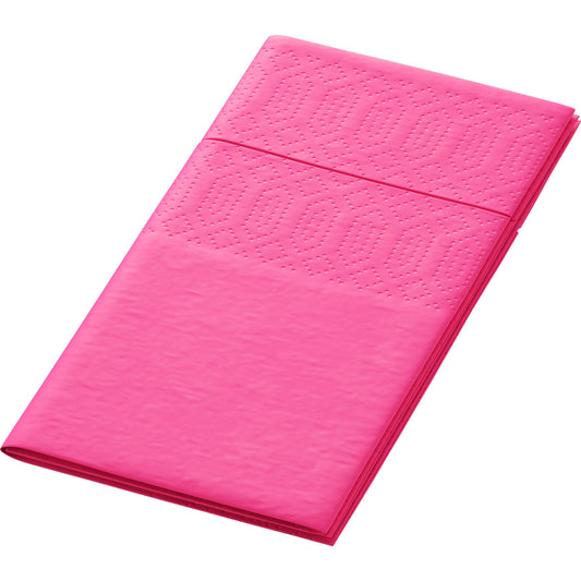 Eine Packung mit 250 fuchsiafarbenen Zelltuchservietten der Duni GmbH, 33 x 33 cm, 3-lagig mit 1/8-Kopffalz, gefaltet mit einem strukturierten Muster auf weißem Hintergrund.