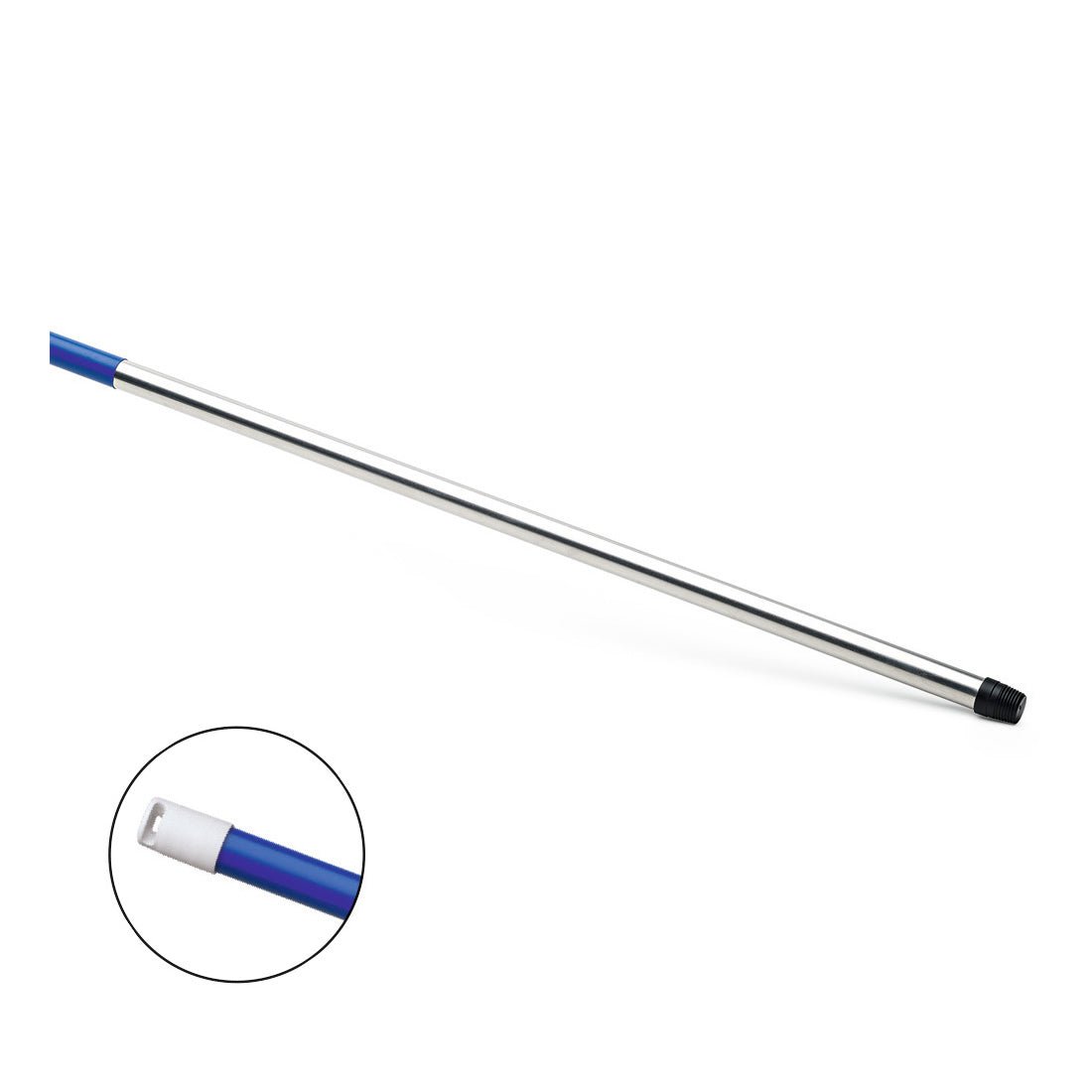 The Nölle Profi Brush HACCP aluminum handle 140 cm from Nölle Profi Brush Bürsten- & Pinseltechnik e.K. has a blue handle, a black threaded tip for secure broom attachment, and an insert that shows the HACCP-compliant thread design.
