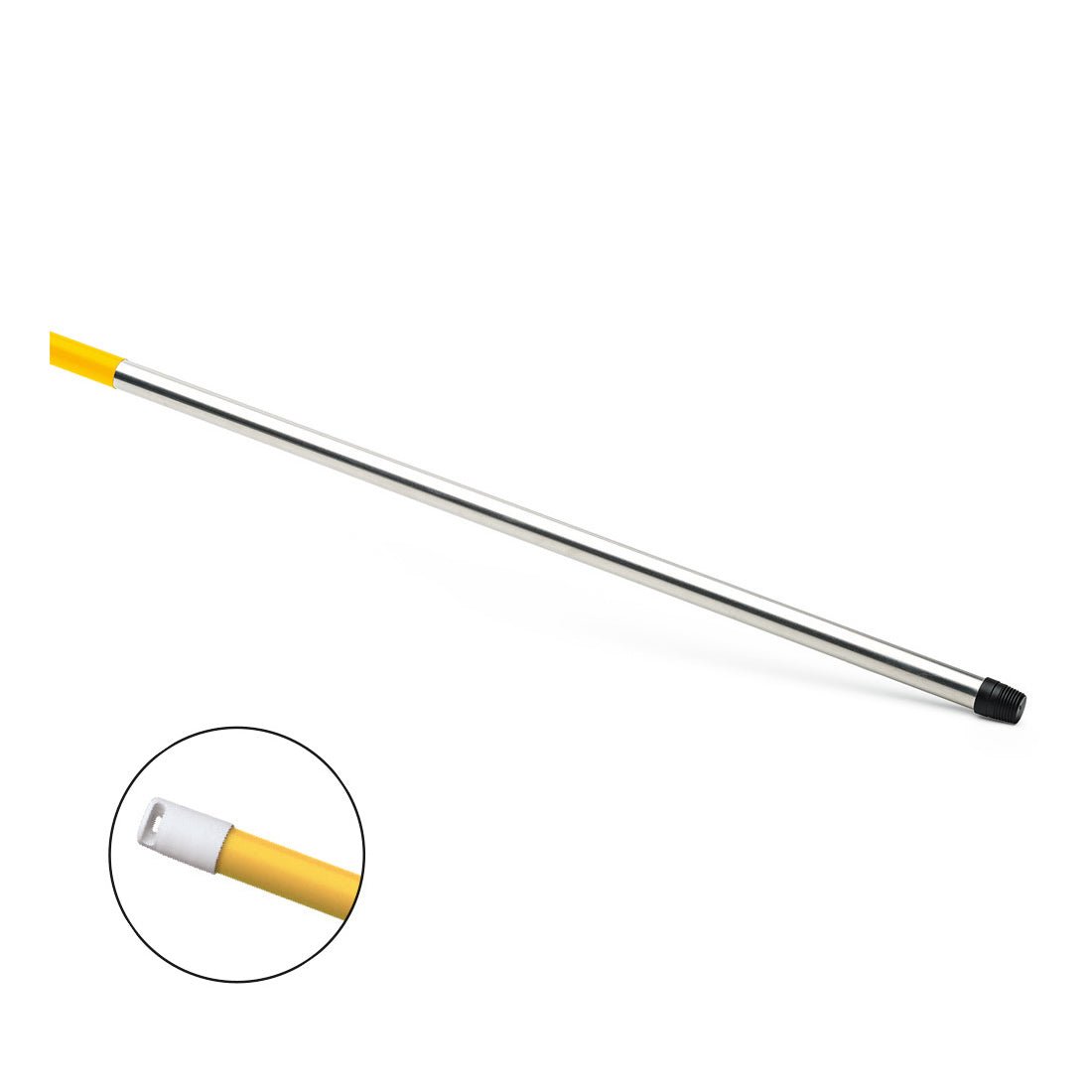 The Nölle Profi Brush HACCP aluminum handle 140 cm from Nölle Profi Brush Bürsten- & Pinseltechnik e.K. has a yellow hygienic end with a white plastic connector and a black threaded cap on the other side. A cutout shows a close-up of the yellow end.