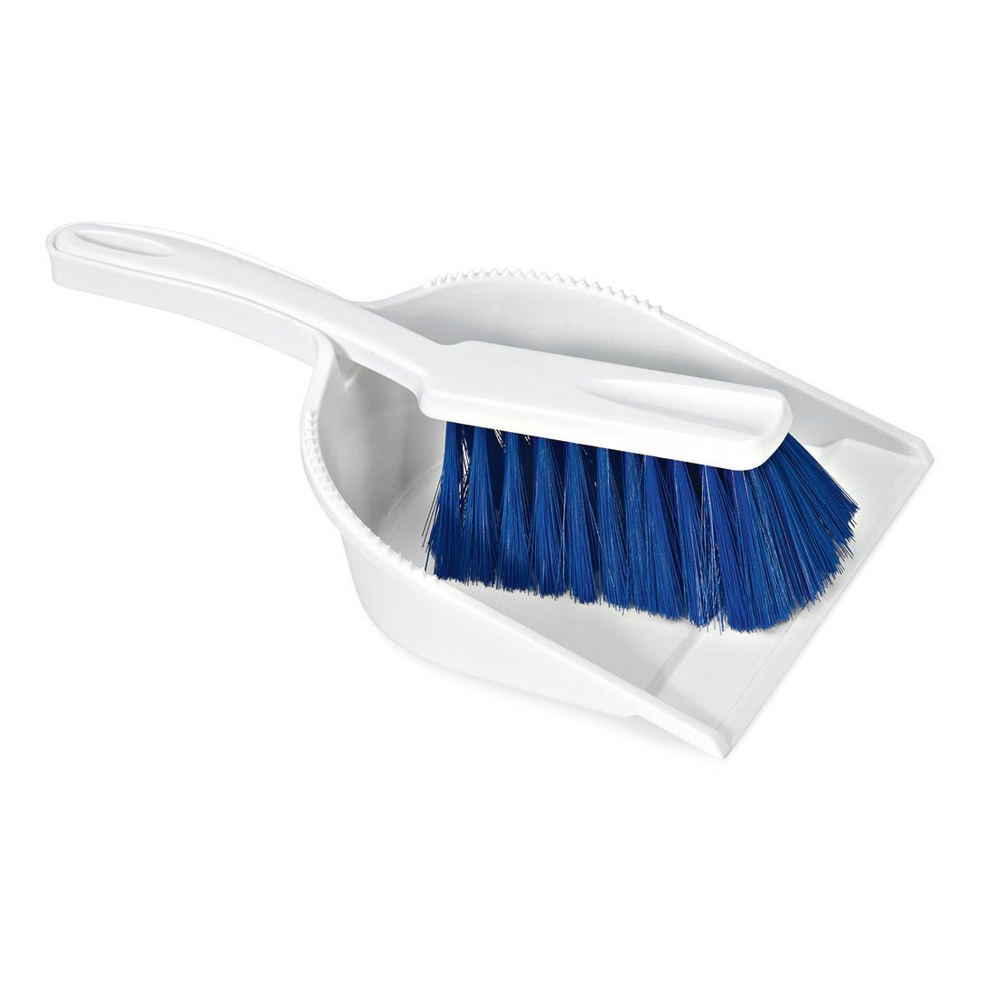 The Nölle Profi Brush HACCP sweeping set bristle 0.25 mm with soft blue bristles and a white dustpan made of plastic comes from Nölle Profi Brush Bürsten- & Pinseltechnik e.K.; the brush fits into the dustpan, both depicted on a plain white background.