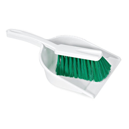 The Nölle Profi Brush HACCP sweeping set made of white plastic from Nölle Profi Brush Bürsten- & Pinseltechnik e.K. consists of a dustpan and a matching brush with 0.25 mm soft bristles in green, resting diagonally in the dustpan.