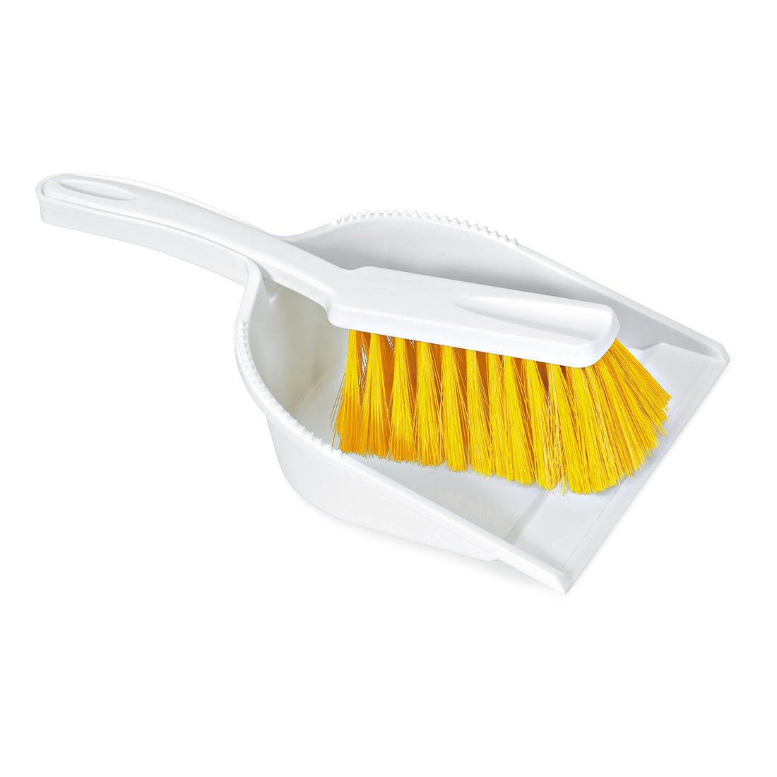 The Nölle Profi Brush HACCP sweeping set bristle 0.25 mm with soft yellow bristles and matching white handle from Nölle Profi Brush Bürsten- & Pinseltechnik e.K. fits exactly into the dustpan.