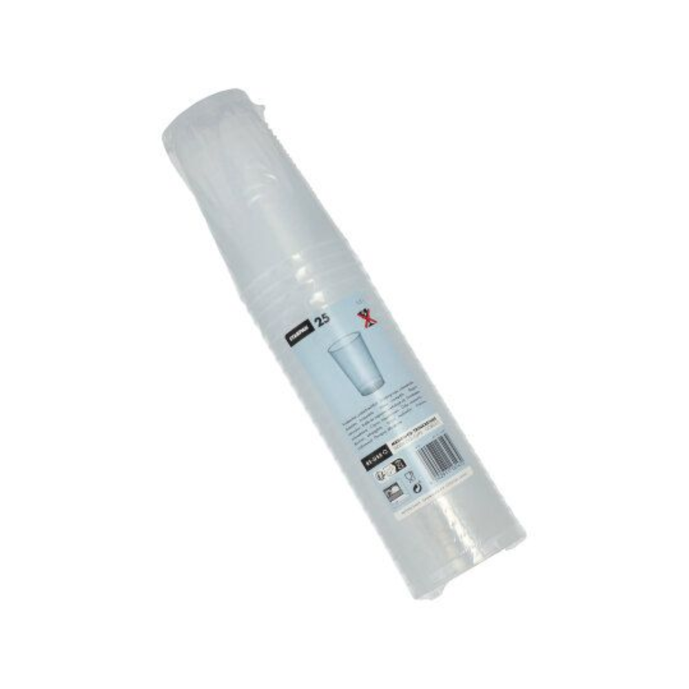 A pack of transparent, unbreakable disposable cups wrapped in plastic with the label 'Starpak Reusable Plastic Cup (PP) 0.3 l Ø 7.8 cm · 11.8 cm' contains 25 pieces. The label is adorned with recycling symbols and a barcode, and the cups are stacked vertically in the packaging.