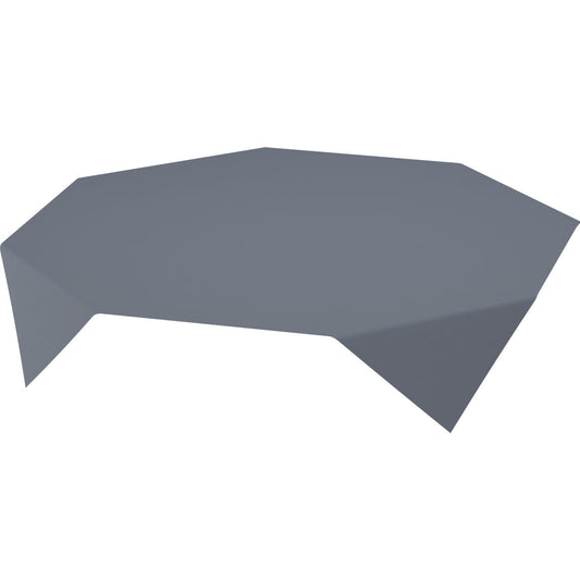 Ein grauer, unregelmäßiger polygonaler Tisch mit vier abgewinkelten Beinen eignet sich perfekt zur Präsentation der Evolin-Mitteldecken 84 x 84 cm schwarz (Packung, 14 Stück) der Duni GmbH, die vor einem weißen Hintergrund gezeigt werden.