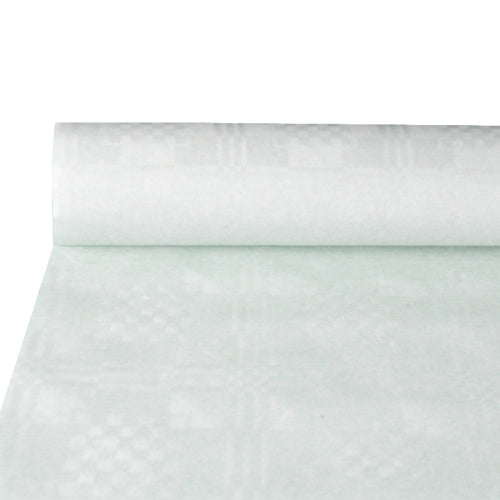 Eine Rolle PAPSTAR Papiertischtuch mit Damastprägung (10 m x 1,2 m, weiß | Folie) der PAPSTAR GmbH ist auf einer ebenen Fläche teilweise abgerollt und zeigt elegante Karo- und Kreismuster – ideal für stilvolle Tischdekoration.