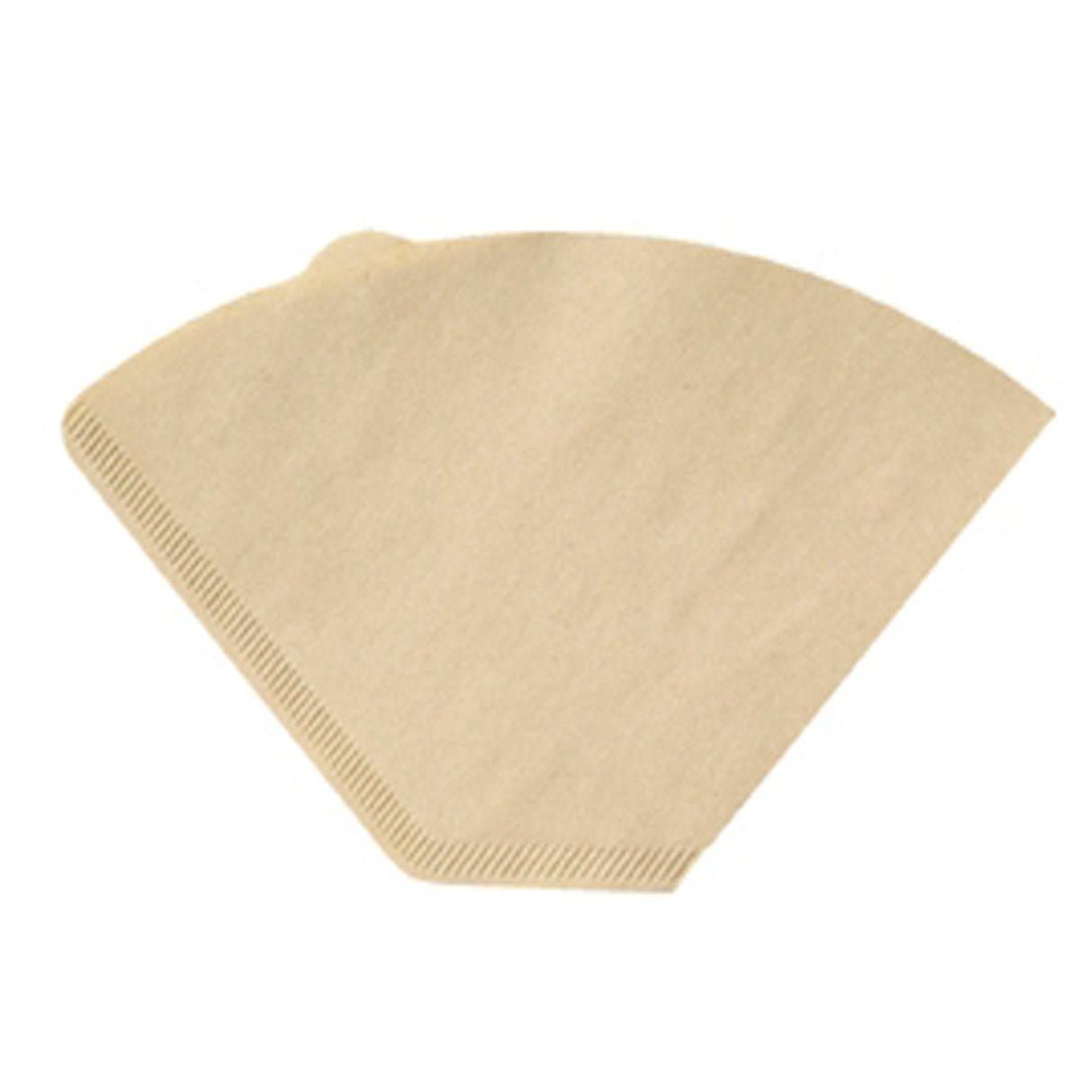 A single, flat, unbleached brown paper coffee filter 1x4 (190x150 mm) from Duni GmbH for 1L coffee machines, with a conical shape and a fluted edge, depicted on a white background. The package contains 200 pieces.