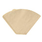 A single, flat, unbleached brown paper coffee filter 1x4 (190x150 mm) from Duni GmbH for 1L coffee machines, with a conical shape and a fluted edge, depicted on a white background. The package contains 200 pieces.