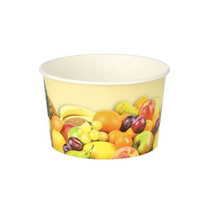 The round Starpak Ice Cream To Go cardboard 250 ml bowl features a vibrant "Fruits" design with a selection of fruits like oranges, grapes, apples, and peaches on a bright background. This empty cardboard bowl is presented against a simple white background.