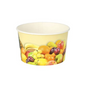 The round Starpak Ice Cream To Go cardboard 250 ml bowl features a vibrant "Fruits" design with a selection of fruits like oranges, grapes, apples, and peaches on a bright background. This empty cardboard bowl is presented against a simple white background.